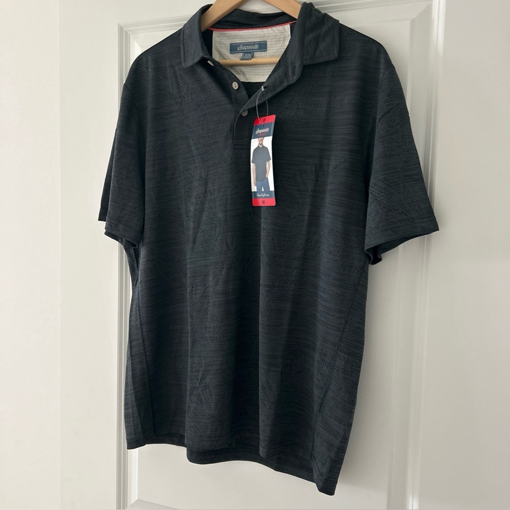 Seapointe Black Short-Sleeve Polo Shirt with a Subtle Palm Print Medium NWT